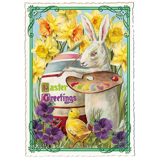 Bunny Painting A Large Egg with Daffodils Easter Postcard ~ Germany