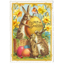 Bunnies with Colorful Eggs and Daffodils Easter Postcard ~ Germany