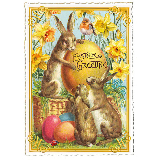 Bunnies with Colorful Eggs and Daffodils Easter Postcard ~ Germany
