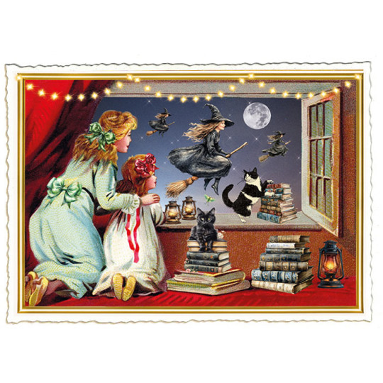 Halloween Witches Glittered Postcard ~ Germany