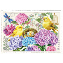 Yellow Birds and Colorful Hydrangeas Postcard ~ Germany