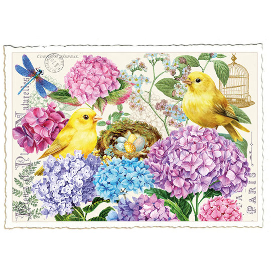 Yellow Birds and Colorful Hydrangeas Postcard ~ Germany