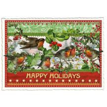 Christmas Robins and Greenery Happy Holidays Postcard ~ Germany