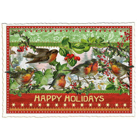 Christmas Robins and Greenery Happy Holidays Postcard ~ Germany