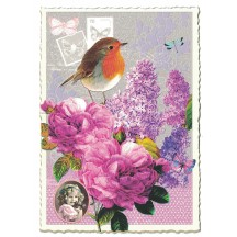 Pink Flowers and Bird Collage Glittered Postcard ~ Germany