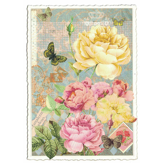 Pastel Rose Collage Glittered Postcard ~ Germany