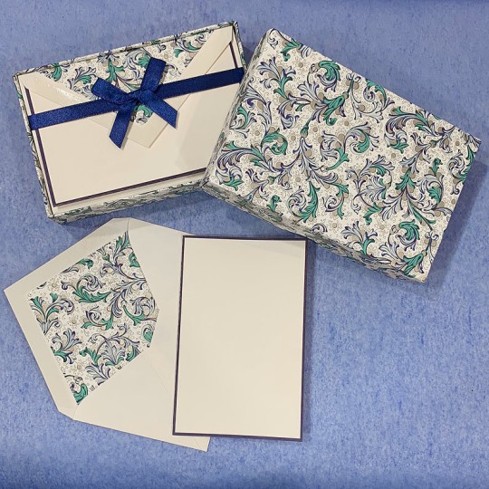 Italian Stationery Folded Card Set ~ 10 Cards + 10 envelopes ~ Rossi Blue Florentine with Gold Highlights