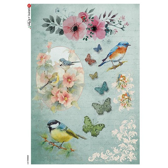 Blue Birds and Butterflies Rice Paper Decoupage Sheet ~ Italy