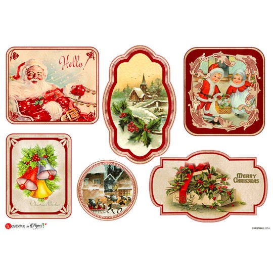 Red Christmas Scenes Rice Paper Decoupage Sheet ~ Italy