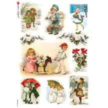Vintage Winter and Christmas Children Rice Paper Decoupage Sheet ~ Italy