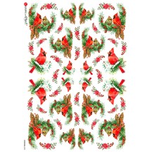 Christmas Cardinals and Greenery Rice Paper Decoupage Sheet ~ Italy