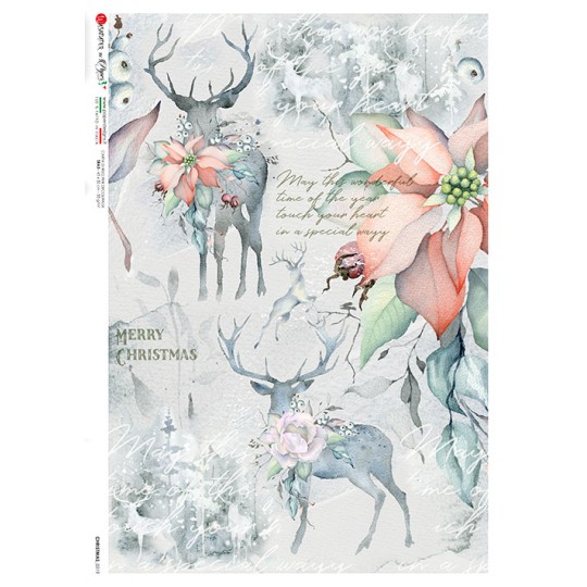 Pastel Christmas Deer and Poinsettia Collage Rice Paper Decoupage Sheet ~ Italy