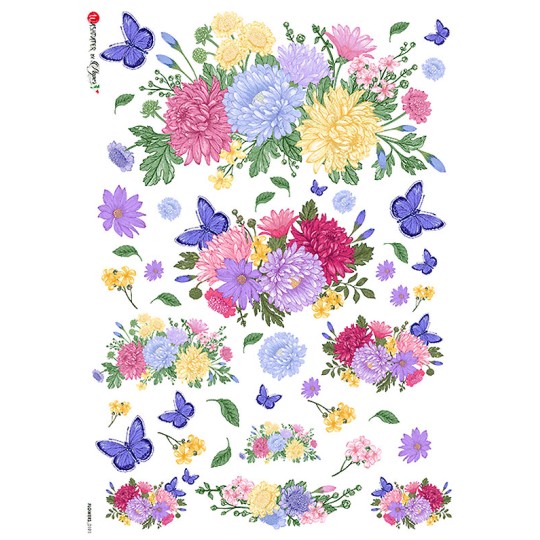 Chrysanthemums and Butterflies Rice Paper Decoupage Sheet ~ Italy