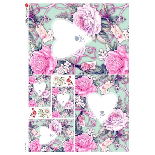 Roses and Hearts Rice Paper Decoupage Sheet ~ Italy