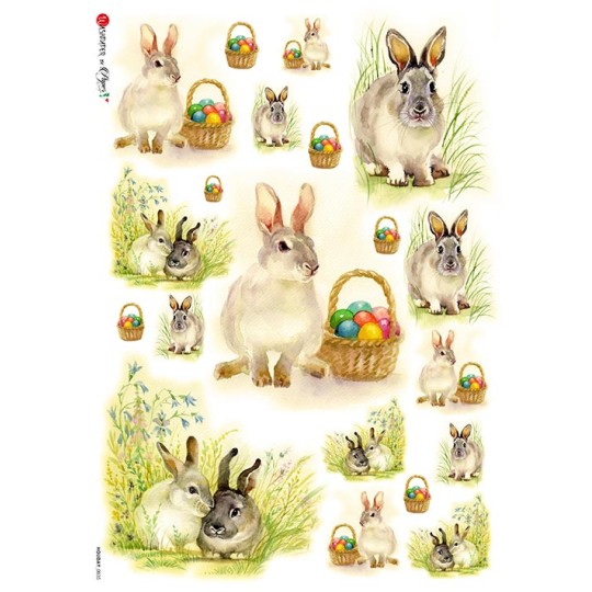 Easter Bunnies with Baskets Rice Paper Decoupage Sheet ~ Italy