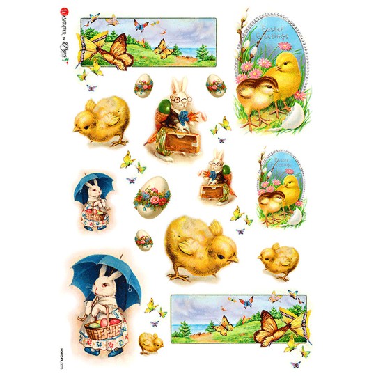 Easter Bunnies and Chicks Rice Paper Decoupage Sheet ~ Italy