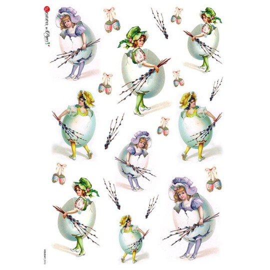 Easter Girls in Eggs and Bonnets Rice Paper Decoupage Sheet ~ Italy