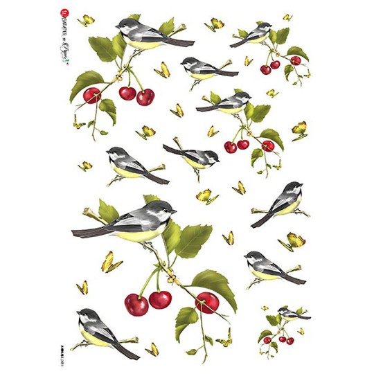 Birds and Cherries with Butterflies Rice Paper Decoupage Sheet ~ Italy