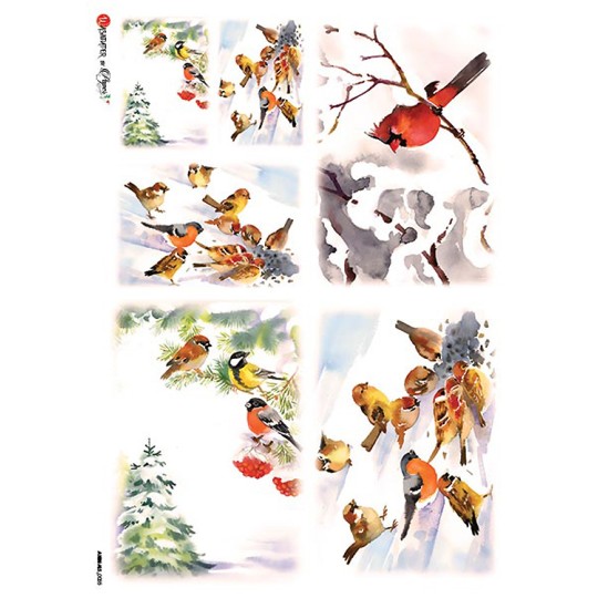Snowy Mixed Birds and Cardinals Rice Paper Decoupage Sheet ~ Italy