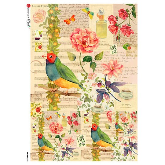 Bird and Flower Collage Rice Paper Decoupage Sheet ~ Italy