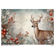Deer and Greenery Christmas Rice Paper Decoupage Sheet ~ Italy