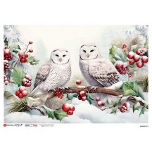 Snowy Owls and Greenery Christmas Rice Paper Decoupage Sheet ~ Italy