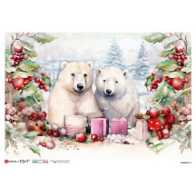 Polar Bears and Greenery Christmas Rice Paper Decoupage Sheet ~ Italy