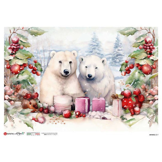 Polar Bears and Greenery Christmas Rice Paper Decoupage Sheet ~ Italy