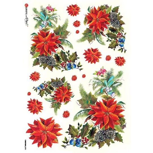 Poinsettia and Berries Christmas Rice Paper Decoupage Sheet ~ Italy