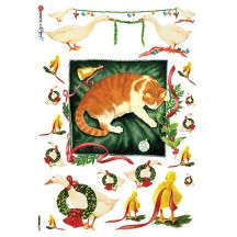 Christmas Geese and Cat Rice Paper Decoupage Sheet ~ Italy