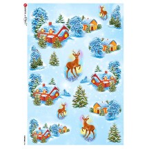Christmas Cottages and Deer Rice Paper Decoupage Sheet ~ Italy