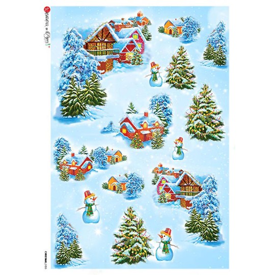 Christmas Cottages and Snowmen Rice Paper Decoupage Sheet ~ Italy