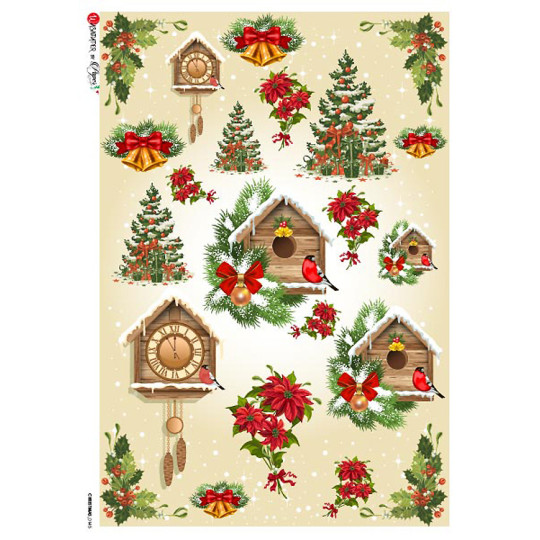 Christmas Clocks and Greenery Rice Paper Decoupage Sheet ~ Italy