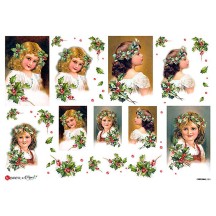 Christmas Holly Girls Rice Paper Decoupage Sheet ~ Italy