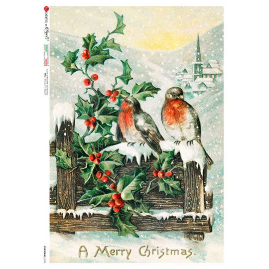 Holly and Robin Nostalgic Christmas Scene Rice Paper Decoupage Sheet ~ Italy