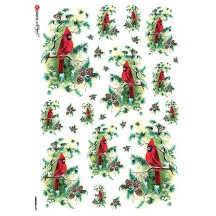 Christmas Cardinals and Pine Cones Rice Paper Decoupage Sheet ~ Italy