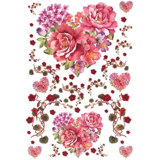 Flower Hearts and Vines Rice Paper Decoupage Sheet ~ Italy