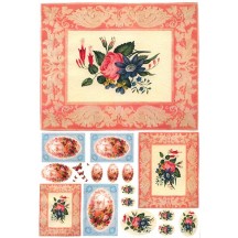 Pink and Blue Fowers in Frames Rice Paper Decoupage Sheet ~ Italy