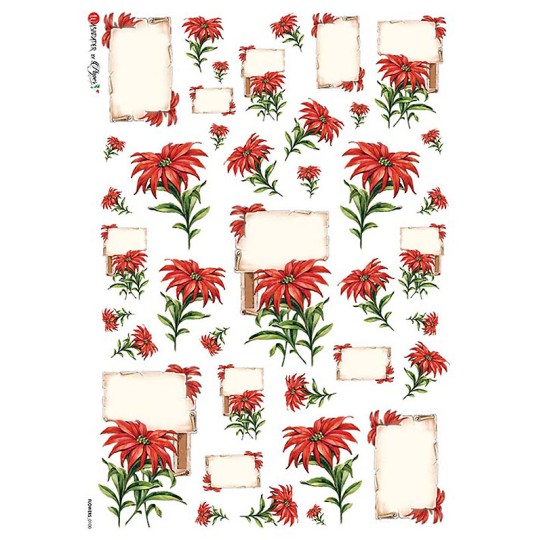 Poinsettia Scrolls Christmas Rice Paper Decoupage Sheet ~ Italy