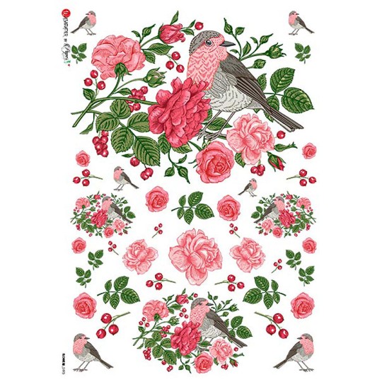 Birds and Red Roses Rice Paper Decoupage Sheet ~ Italy