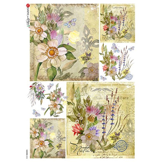 Mixed Flower Ephemera Collage Rice Paper Decoupage Sheet ~ Italy