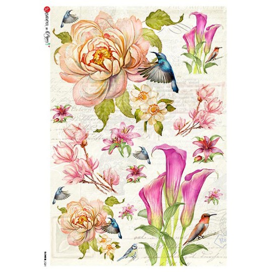 Large Hummingbird and Blossom Rice Paper Decoupage Sheet ~ Italy