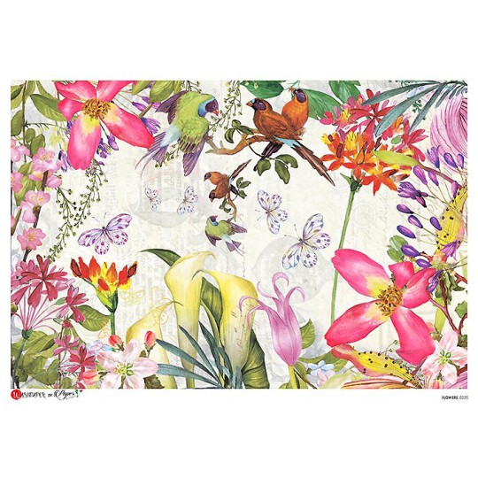 Large Butterfly and Flowers Scene Rice Paper Decoupage Sheet ~ Italy
