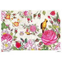 Large Bird and Roses Scene Rice Paper Decoupage Sheet ~ Italy