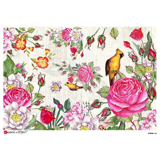 Large Bird and Roses Scene Rice Paper Decoupage Sheet ~ Italy