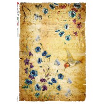 Blue Flower and Hummingbird Collage Rice Paper Decoupage Sheet ~ Italy