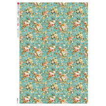Teal Chintz Floral Design Rice Paper Decoupage Sheet ~ Italy