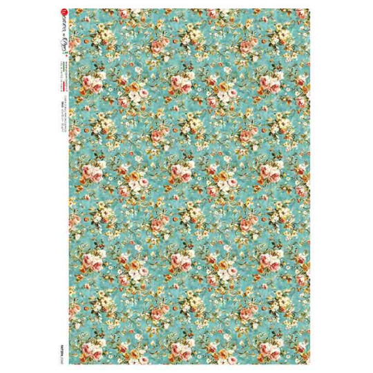 Teal Chintz Floral Design Rice Paper Decoupage Sheet ~ Italy