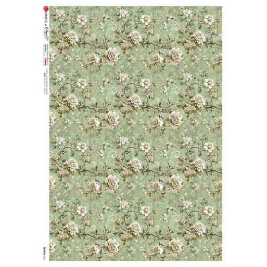 Green Chintz Floral Design Rice Paper Decoupage Sheet ~ Italy