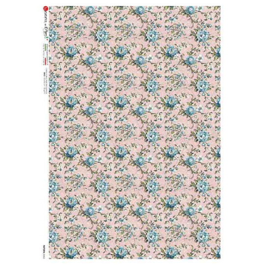 PInk and Blue Chintz Floral Design Rice Paper Decoupage Sheet ~ Italy